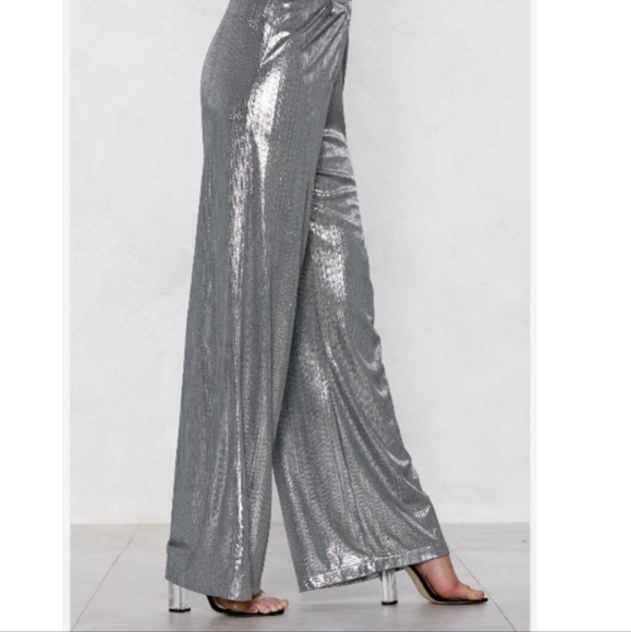SHEIN Pants - Shein Lune Metallic Silver Lame Disco Party Wide Leg Mob Wife Back Zipper Pants